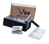 Rasoir de sécurité Van de Boos - Qualité supérieure Trousse de voyage et 5 lames de rasoir Astra avec tête de rasage 2 faces et peigne fermé - Argenté et noir - Qualité supérieure