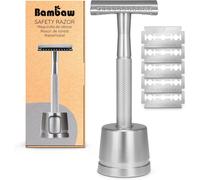 Rasoir De Sûreté Argenté Avec Stand & 5 Lames Pour Homme Et Femme Zéro Déchet Mécanique Rasage Manuel Barbier