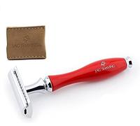 Rasoir double tranchant avec manche en laiton et aluminium de couleur rouge et revêtement en cuir de Jag Shaving