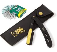 Rasoir Droit de Barbier Coupe Choux Manuel avec 10 Lames de Derby Kit avec étui de voyage en cuir Accessoire pour homme,Cadeau Noir