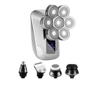 Rasoir Électrique Rechargeable à Sept Têtes Écran Numérique | Acier Inoxydable et ABS, Tête de Coupe Indépendante, Usage sans Fil, pour Barbe et Nez, Argenté