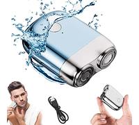 Rasoir électrique rotatif sans fil portable et rechargeable par USB pour homme - Taille de poche - Lavable - Double tête - Imperméable et silencieux - Cadeau pour homme (bleu)