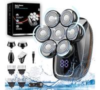 Rasoir Electriques Hommes, 5 en 1 Rasoir Crane à Tête Chauve Rotatives USB Rechargeable, Ensemble de Rasoir Chauve Imperméable et à sec Flottant 7D, Rasoir Nez Ave écran LED et Brosse pour le Visage