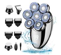 Rasoir Electriques Hommes, 5 in 1 Rasoirs à Têtes Rotatives, IPX7 Étanche Rechargeable Sec et humide Ensemble tête chauve Nez Ave écran LED Brosse pour le Visage