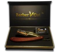 Rasoir homme Barber Cut coffret cadeau homme coupe choux en acier inoxydable couleur Or et bois précieux kit barbe Avec Pack 5 doubles-lame rasoir professionnel