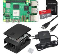 Raspberry Pi 5 Kit de démarrage 4 Go / bloc d'alimentation USB-C 27 W / boîtier avec ventilateur / carte SD 64 Go / câble micro HDMI / noir