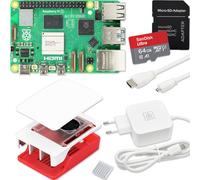 Raspberry Pi 5 Kit de démarrage 4 Go, bloc d'alimentation USB-C 27 W, boîtier avec ventilateur, carte SD 64 Go, câble micro HDMI 4K, rouge et blanc