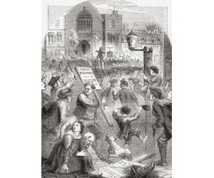 Rassemblement abrupt devant le Parlement sur l'introduction du régime d'accise impopulaire proposé par Robert Walpole en 1773. Le système impliquait un système d'entreposage du tabac et du vin