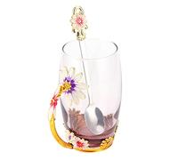 RASTKY Ensemble de Tasses à thé en Verre Innovant, avec Cuillère et Chiffon de Nettoyage, Cadeau Parfait pour un Anniversaire, un Mariage, pour la Maison et le Bureau (Façon chrysanthème marron 350ML)