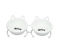 RASTKY Gamelles Doubles en Céramique pour Chat avec Support en Métal, Angles D'inclinaison de 15 ° pour Manger Facilement, Conception Large et Peu Profonde pour Les Chats Heureux, Pieds
