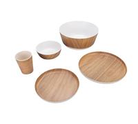 RASTKY Service de Table Rustique en Mélamine, Motif Grain de Bois, Plateau de Service Complet, Ustensiles de Cuisine, 5 Pièces, Bol, Assiettes, Tasses, Passe au Lave-vaisselle pour les événements en