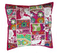 Rastogi Handicrafts Housse de coussin en patchwork faite main Patchwork de sari Motif indien ethnique, Tissu, rose, 40 x 40 cm
