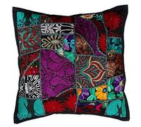 Rastogi Handicrafts Housse de coussin en patchwork faite main Patchwork de sari Motif indien ethnique, Tissu, Noir , 40 x 40 cm
