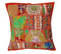 Rastogi Handicrafts Housse de coussin en patchwork faite main Patchwork de sari Motif indien ethnique, Tissu, Orange, 40 x 40 cm