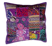 Rastogi Handicrafts Housse de coussin en patchwork faite main Patchwork de sari Motif indien ethnique, Tissu, violet, 40 x 40 cm