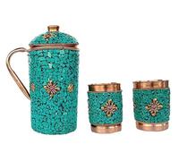 Rastogi Handicrafts Pichet en cuivre pur avec 2 verres - Décoration extérieure (carafe verte + 2 verres)