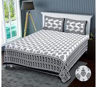 Ratan Crafts Cotton TC- 200 Drap de lit avec 2 taies d'oreiller | Imprimé Jaipuri Drap plat traditionnel pour salon (gris, 228 x 274 cm)