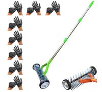 Râteau à gazon, outil de scarificateur manuel avec roues, réglable jusqu'à 1,66 m, efficace pour enlever le chaume et les herbes mortes pour l'entretien de la pelouse et le nettoyage du sol