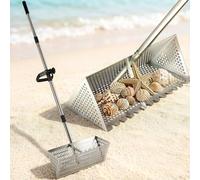 Râteau à sable de plage - Pelle à sable et tamis en acier inoxydable - Extra large - 40 cm de large avec dents de requin et manche amovible de 140 cm de long - Outil de chasse au trésor sur la plage