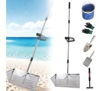 Râteau anti-puces en acier inoxydable avec long manche, dents tranchantes, larges poignées amovibles pour peigner le sable (argenté et kit)