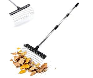 Râteau de Jardin en Acier, 22 Dents, 16,3 Pouces de Large | Leaf Rake for Lawn, Yard, Mulch, Thatch; with 5.2FT Adjustable Handle