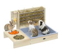Râtelier à foin pour lapin - PawHut - mangeoire lapin 3 en 1 bac à litière et bouteille d'eau, bols en inox - bois - naturel