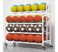 Râtelier de Rangement pour Ballons de Sport avec roulettes freinées | Chariot Robuste en métal pour Ballons d'exercice et Cages de Sport | Idéal pour Les gymnases, Les écoles et Les crèches (Blanc 4
