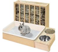 Ratelier Foin Lapin 4 en 1 en Bois avec Bac à Litière Lapin, Mangeoire et Gamelle pour Petits Animaux comme Hamster, Cochon d’Inde