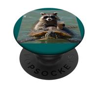 Raton Laveur chevauchant Une Tortue de mer dans l'eau avec Un café drôle PopSockets PopGrip Adhésif