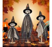 Ratpzou Lot De 3 Décorations d'halloween en Bois avec Fantômes Primitifs sur Support en Bois, pour Étagère, Cheminée, Cuisine, Maison Et Bureau