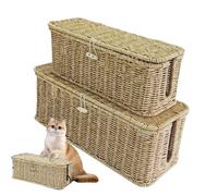 Rattan Cable Management Box, Hand-Woven Power Strip Organizer, Ventilated Wire Storage Natural, Ideal for Home and Office Setup 33 x 13 x 13 cm Gris Coffee Beige