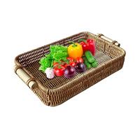 Rattan Serving Tray Rectangle - Iron, 13.77x9.84x2.16in Woven Handled Tray Durable | Wicker Organizer Platter, Bathroom & Tabletop Serving Trays For Dining, Drinks, Home Decor, Kitchen Use