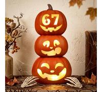 RattanView Lanterne citrouille Jack O Lanterns en bois avec LED 34 x 17 cm pour visage effrayant, cadeaux de fête d'Halloween, décoration d'intérieur et d'extérieur
