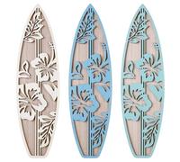 RattanView Lot de 3 planches de surf en bois à motif hibiscus pour chambre à coucher, plage, décoration murale d'été en bois à suspendre pour décoration tropicale de salon (bleu)