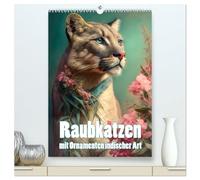 Raubkatzen mit Ornamenten indischer Art (hochwertiger Premium Wandkalender 2026 DIN A2 hoch), Kunstdruck in Hochglanz: Raubkatzen, Blumenpracht und Indienleute