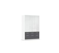 Rauch Möbel Aberdeen, Armoire Chambre, penderie, vestiaire, 3 Portes, 6 tiroirs en Contraste Gris métallisé, Noir, Couleur: Blanc/Blanc Brillant, poignées Blanches, 136x197x54cm