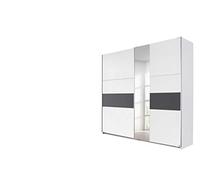 Rauch Möbel Korbach Armoire à Portes Coulissantes, Blanc/Gris Métallique, 2 Portes avec Miroir, Comprend Un Pack d'Accessoires Premium 2 Tringles à Linge, 6 Étagères