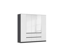 Rauch Möbel Mainz Armoire à Portes battantes Blanc/Gris métallisé, Noir, Miroir 5 Portes, 6 tiroirs, kit d'accessoires Basique, 3 étagères, 3 tringles à vêtements, sans poignée l x H x P 226 x 210 x