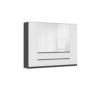 Rauch Möbel Mainz Armoire à portes battantes Blanc/gris métallisé, noir, miroir à 6 portes, 4 tiroirs, kit d'accessoires basique, 4 étagères, 4 tringles à vêtements, sans poignée l x H x P 271 x 210 x