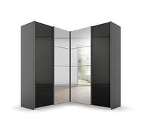 Rauch Möbel Quadra Armoire d'angle à Portes coulissantes Gris métallisé Effet Brillant Noir 4 étagères avec Miroir, 2 tringles et 12 étagères, l x H x P : 181 x 210 x 187 cm