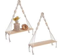 Raucilpy Lot de 2 Étagères Murales Bohème avec Étagère en Bois pour Plantes, Etagere Murale Bois, Etagere Rangement Jardiniere Murale, Tablette Murale étagère Bois