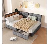 Ravas Canapé-lit 140 x 190 cm avec 2 tiroirs, lit de jour en forme de L avec lampe LED et USB, lit rembourré avec sommier à lattes, comme lit d'adolescent ou lit d'appoint, gris, lin, sans matelas