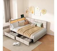 Ravas Canapé-lit 140 x 200 cm avec 2 tiroirs, lit de jour en forme de L avec lampe LED et USB, lit rembourré avec sommier à lattes, comme lit d'adolescent ou lit d'appoint, beige, lin, sans matelas