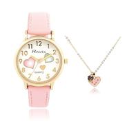 Ravel Little Gems R223 Ensemble montre et collier doré à quartz analogique pour fille, cœur rose