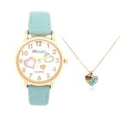 Ravel Little Gems R223 Ensemble montre et collier doré à quartz analogique pour fille, Cœur Bleu