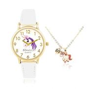 Ravel Little Gems R223 Ensemble montre et collier doré à quartz analogique pour fille, Licorne blanche.