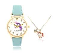 Ravel Little Gems R223 Ensemble montre et collier doré à quartz analogique pour fille, Bleu licorne