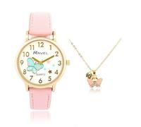 Ravel Little Gems R223 Ensemble montre et collier doré à quartz analogique pour fille, papillon rose