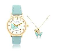 Ravel Little Gems R223 Ensemble montre et collier doré à quartz analogique pour fille, Papillon Bleu