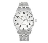 Ravel Plus - Montre Hommes 40 mm Ronde à Calendrier 3ATM avec Lentille en Saphir et Cadran Soleillé - Quartz Analogique Japonais - RPD-004BM - Acier Inoxydable/Cadran Argenté